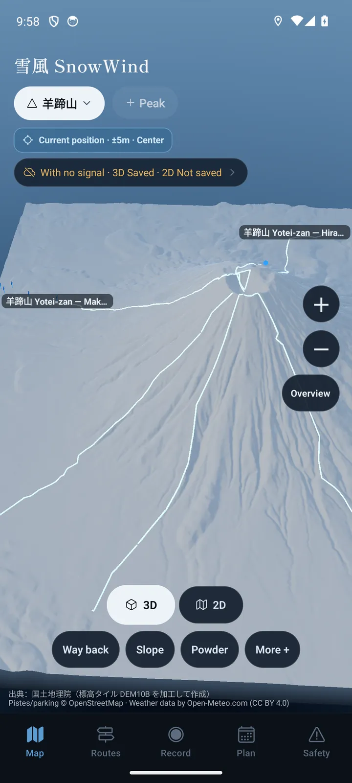 App map tab: Mt Yotei in 3D with routes